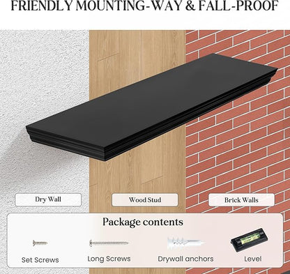 Fun Memories Floating Shelves 36 Inch Long, 9.3 Inch Deep Classic Crown Molding Floating Shelves for Wall, Rustic Wooden Shelves for Wall Decor Bathroom, Kitchen, Office, (Black, 2Pack)