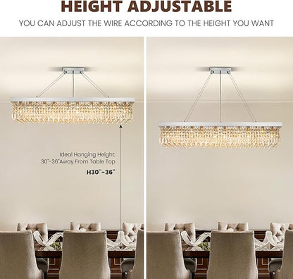 Modern Silver Rectangular Crystal Chandelier,10-Light Modern Chandelier,K9 Crystal Rectangle Chandelier,Farmhouse Pendant Light Fixture for Kitchen Island Bar Bedroom L47 x W10 x H10