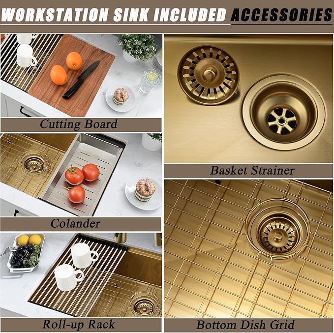 28 Inch Gold Undermount Kitchen Sink,28x18 Undermount Stainless Steel Kitchen Sink Brushed Gold Workstation 16 Gauge 10" Deep Single Bowl Kitchen Sinks with Accessories