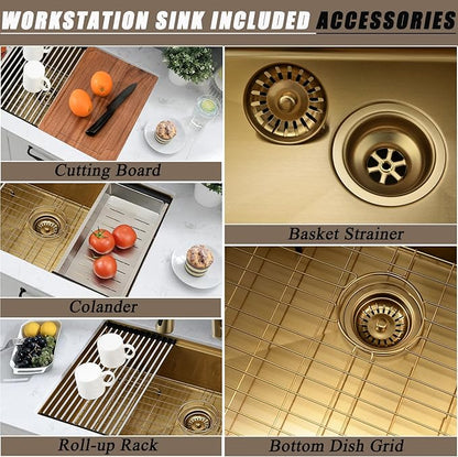 28 Inch Gold Undermount Kitchen Sink,28x18 Undermount Stainless Steel Kitchen Sink Brushed Gold Workstation 16 Gauge 10" Deep Single Bowl Kitchen Sinks with Accessories
