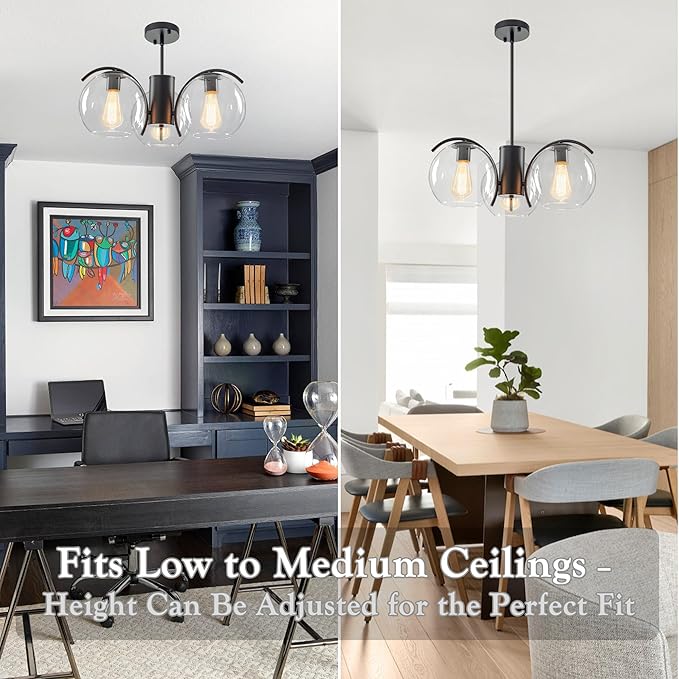 3-Light Black Chandelier with Downward Arched Arms, Modern Farmhouse Pendant Light Fixture with Clear Glass Globe Shades, Ceiling Lighting for Dining Room, Bedroom and Foyer