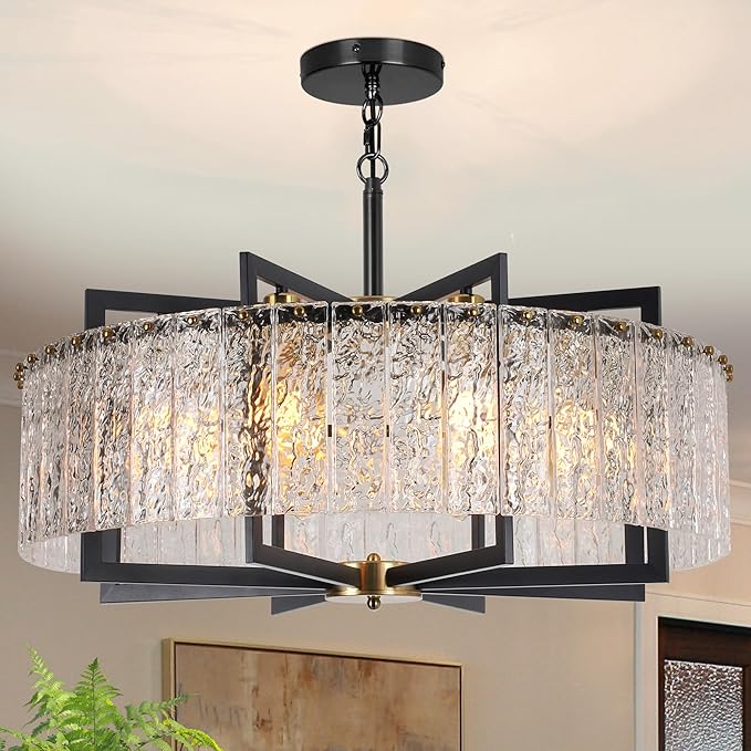 Modern Crystal Chandelier Black, 8-Light Modern Glass Pendant,Crystal Dining Room Light Fixture for High Ceiling Foyer | Large Kitchen Island | Sloped Ceiling Entryway | 30 Inches