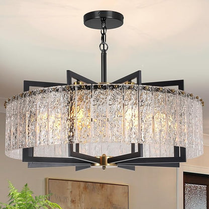 Modern Crystal Chandelier Black, 8-Light Modern Glass Pendant,Crystal Dining Room Light Fixture for High Ceiling Foyer | Large Kitchen Island | Sloped Ceiling Entryway | 30 Inches
