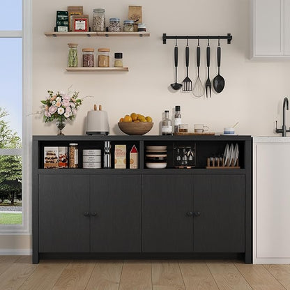 IDEALHOUSE Buffet Sideboard Cabinet with Storage, 55" Large Farmhouse Kitchen Storage Cabinet with 4 Doors & Adjustable Shelves, Wood Coffee Bar Cabinet for Kitchen, Dining Room, Living Room