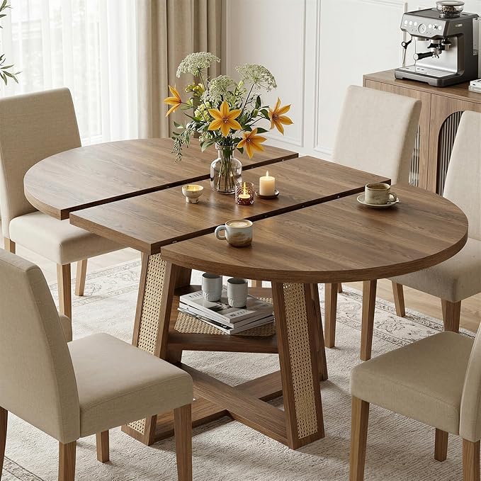 LIKIMIO 43"-59" Extendable Round Dining Table for 4-8, Transformer Oval Dining Room Table with Removable Leaves Space Saving, Wood Base Kitchen Table with Storage Shelf for Living Room, Walnut