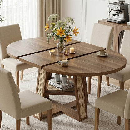 LIKIMIO 43"-59" Extendable Round Dining Table for 4-8, Transformer Oval Dining Room Table with Removable Leaves Space Saving, Wood Base Kitchen Table with Storage Shelf for Living Room, Walnut