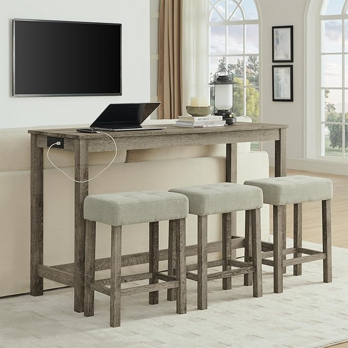 4-Piece Kitchen Island Counter-Table Set with Charging Station, Industrial 59" Dining Tables with 3 Stools, 59 Inch Farmhouse Bar Table Chairs w/USB & Type-C & Power Outlets,Light Brown
