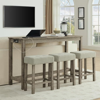 4-Piece Kitchen Island Counter-Table Set with Charging Station, Industrial 59" Dining Tables with 3 Stools, 59 Inch Farmhouse Bar Table Chairs w/USB & Type-C & Power Outlets,Light Brown