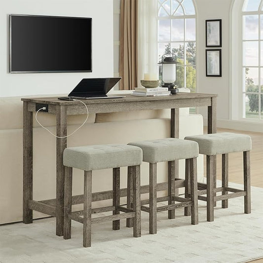 4-Piece Kitchen Island Counter-Table Set with Charging Station, Industrial 59" Dining Tables with 3 Stools, 59 Inch Farmhouse Bar Table Chairs w/USB & Type-C & Power Outlets,Light Brown