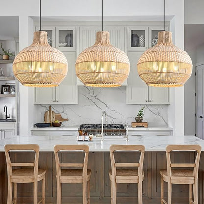 15" Rattan Pendant Light Fixture,3-Light Hand-Woven White Wicker Basket Chandelier Boho Faux Rattan Hanging Lamp,for Dining Living Bedroom Kitchen1-Pack