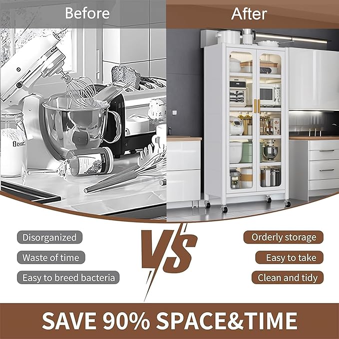 67.3" Kitchen Pantry Storage Cabinet,Display Storage Cabinet with Acrylic Glass Doors, Adjustable Shelves & Wheels,Metal Tall Food Pantries Cabinets,for Kitchen, Living Room and Dining Room, White