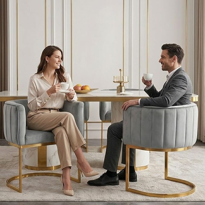 Hyfirm Gray and Gold Modern Barrel Dining Room Chairs Set of 6, Velvet Upholstered Accent Chairs with Curved Back for Kitchen Island, Luxury Comfort Seating Cantilever Metal Frame