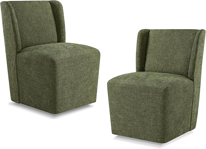 KISLOT Upholstered Dining Chairs Set of 2 with Casters, Wingback Modern Side Armless Deskchair with Rollers for Diningroom Bedroom Livingroom Reading Room, Green Fabric