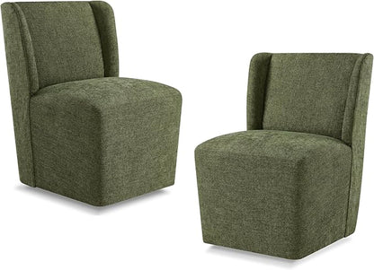 KISLOT Upholstered Dining Chairs Set of 2 with Casters, Wingback Modern Side Armless Deskchair with Rollers for Diningroom Bedroom Livingroom Reading Room, Green Fabric