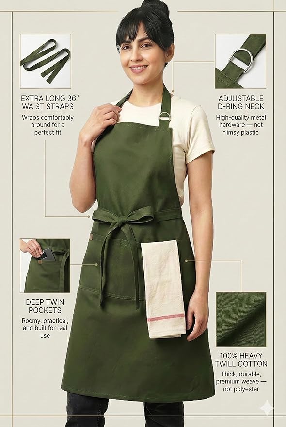 100% Cotton Kitchen Apron with 2 Pockets – Adjustable Chef Apron for Cooking Baking BBQ – Unisex Apron