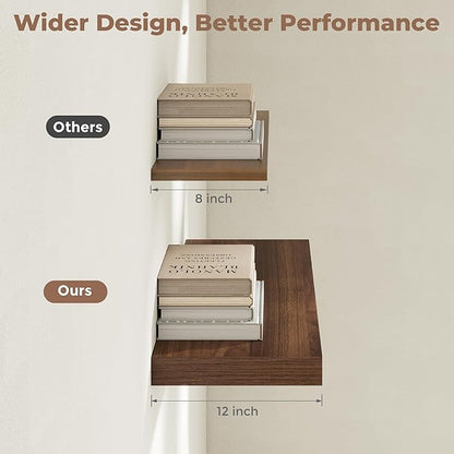Marsmiles 12" Deep Floating Shelves for Wall with Invisible Brackets, Wall Mounted Engineered Wood Shelves with Wood Grain for Living Room, Bedroom, Kitchen Decor and Storage, 55" L Set of 1, Walnut
