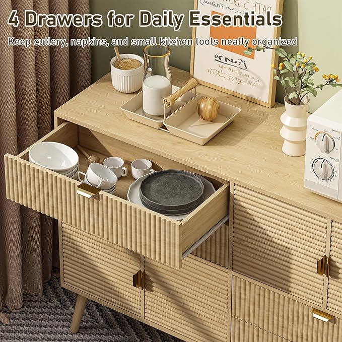 Coffee Bar Cabinet with Doors & Drawers, 47" Fluted Sideboard Buffet Storage Cabinet with Storage for Kitchen, Dining Room, Hallway, Modern Mid Century, Natural Oak