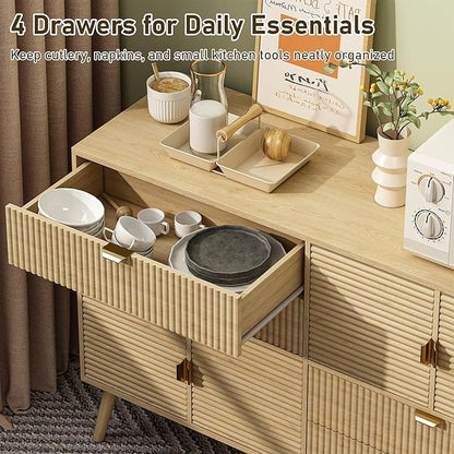 Coffee Bar Cabinet with Doors & Drawers, 47" Fluted Sideboard Buffet Storage Cabinet with Storage for Kitchen, Dining Room, Hallway, Modern Mid Century, Natural Oak
