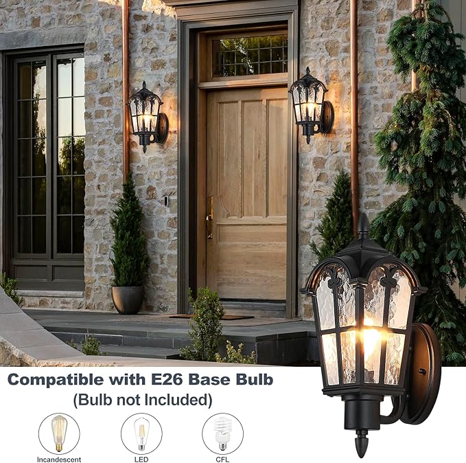 16” Large Size Outdoor Wall Light Fixtures Wall Mounted, Exterior Waterproof Porch Lights Lanterns, Outside Sconces with Water Ripple Glass for House Front Door Garage, Retro Vintage Style, 1 Pack