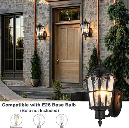 16” Large Size Outdoor Wall Light Fixtures Wall Mounted, Exterior Waterproof Porch Lights Lanterns, Outside Sconces with Water Ripple Glass for House Front Door Garage, Retro Vintage Style, 1 Pack