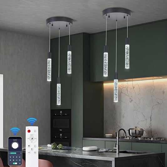 3 Light Pendant Lights Kitchen Island,Modern LED Bubble Crystal Pendants with Dimmable 3000K-6000K Ceiling Hanging Light Fixture for Dining Room Bedroom,Matte Black Finish,Adjustable Height 59"