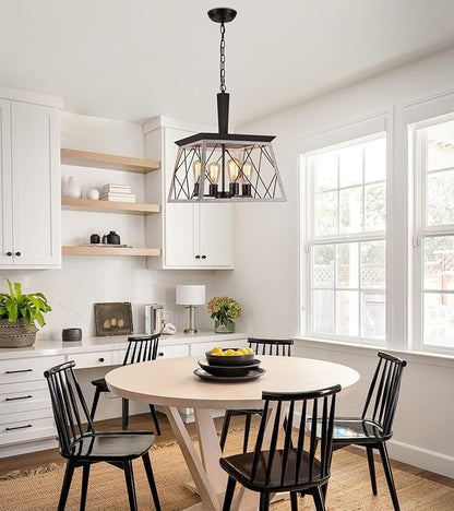 Q&S Farmhouse Vintage Chandelier, Rustic Pendant Light,Industrial Hanging Light Fixture for Dining Room Kitchen Island,Wrought Iron,ORB+Oak White 4 Lights E26 UL Listed