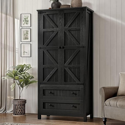YITAHOME Farmhouse Kitchen Pantry Cabinet, 64.5" Tall Storage Cabinet with 2 Drawers & Adjustable Shelves, Ideal for Kitchen, Living Room, or Entryway, Oak Black