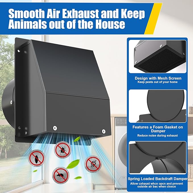 4 Inch Dryer Vent Cover Outside, Hooded Wall Vent with Screen and Damper, Galvanized Steel Exhaust Vent Cover Cap External Extractor for Dryer Duct, HVAC, Bathroom, Laundry, Kitchen, Black