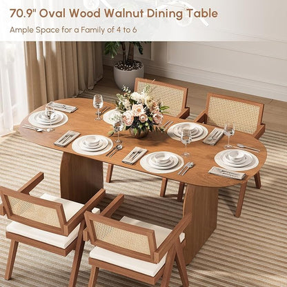 homary Japandi Oval Dining Table for 6, 70.9" Solid Pine Wood Kitchen Table, Modern Mid Century Minimalist Kitchen & Dining Room Table, Double Pedestal Base, Walnut
