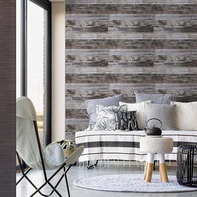 Yun-aeon Gray Wood Peel and Stick Wallpaper 17.3" X 80" Self Adhesive Wallpaper Backsplash Line Removable Wall Paper Bathroom Old Furniture Renovation Furniture