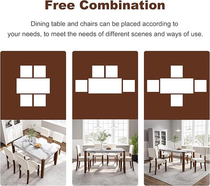 VilroCaz Modern 5-Piece Dining Table Set, 46" Faux Marble Style Table and 4 Upholstered Chairs with Solid Wood Legs, Kitchen Dining Room Set for 4, Space-Saving Dinette (Off White-5P)