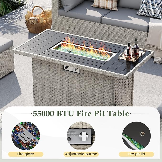UDPATIO Patio Furniture Set with Fire Pit Table, 8 Pieces Outdoor Sectional Sofa, PE Wicker Patio Conversation Set for Garden, Backyard Grey
