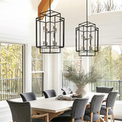 8-Light Farmhouse Chandelier, Modern Foyer Lighting Fixtures 31.5" Entryway Chandeliers for High Ceilings, Black & Silver Lantern Pendant Light, for Living Room,Staircase,Hallway