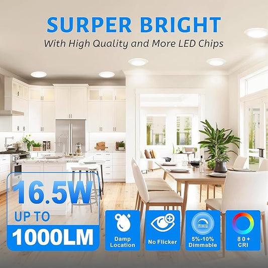 ECOELER 5/6 Inch Dimmable LED Disk Lights, 16.5W Recessed Retrofit Ceiling Downlight, 1000Lm 5000K Daylight, Low Profile Flush Mount Disk Light for J-Box or Recessed Can, ETL-Listed, 24 Pack