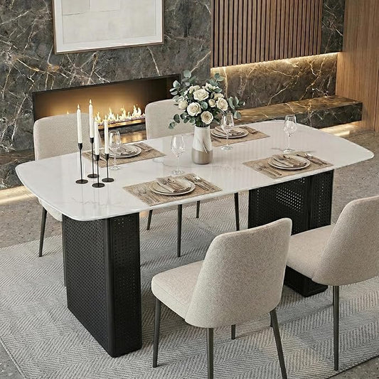 Heavy Duty Glass Dining Table, Rectangular Marble Pattern Surface, Elegant Black Dual-Pedestal Base, Adjustable Brackets for Stability, 6-8 Seater, Modern Luxury Centerpiece for Home Dining or Work