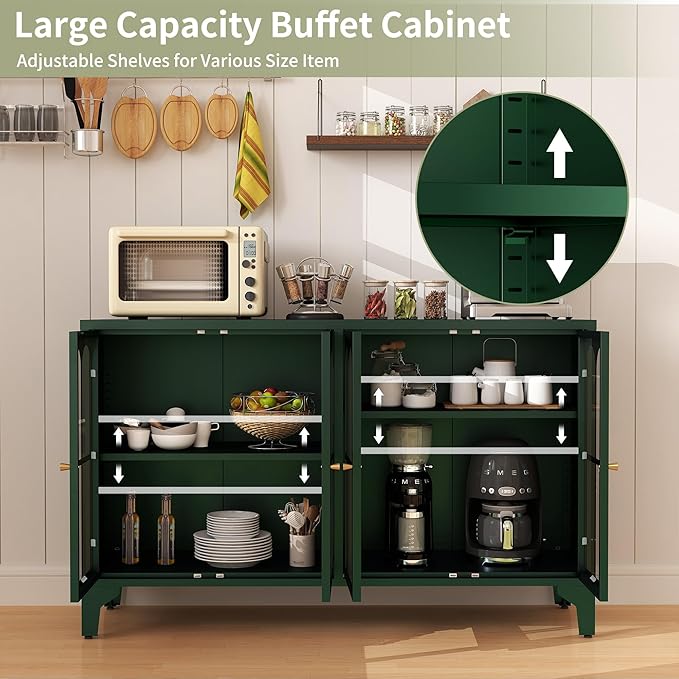 Foreate Green Sideboard Buffet Cabinet with Glass Door & LED Light, 53.2" Large Buffet Cabinet with Storage & Adjustable Shelf, Farmhouse Sideboard Credenzas Metal Kitchen Buffet