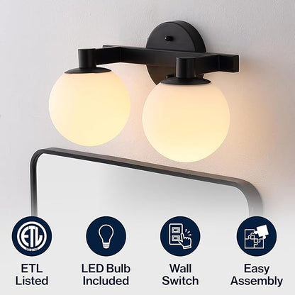 JONATHAN Y 15.25" Black/White Modern Globe LED Vanity Wall Sconce Light, White Frosted Glass Shade, Mid-Century Art Deco Wall Lamp for Bathroom, Kitchen, Hallway (JYL3541B)