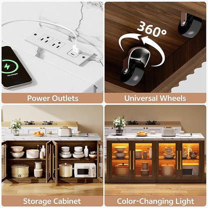 Kitchen Island with Storage, 55" W Large Island Table with LED Light for Dining Room, Kitchen Carts on Wheels Breakfast Bar Table w/Power Outlet, Walnut