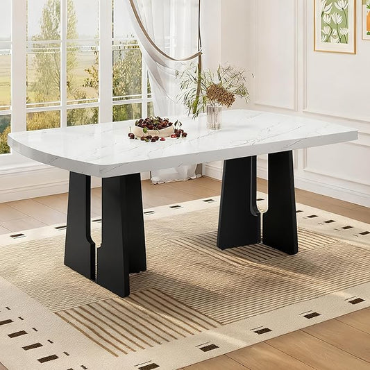 63" 350Lbs Capacity Faux Marble Island Table, Rustic Dining Table with Geometric Legs, Farmhouse Dining Table with Floor Pads for Gatherings, White+Black