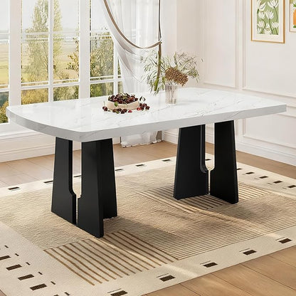 63" Faux Marble Island Table, Rustic Dining Table with Sturdy Legs, Farmhouse Dining Table for Home Gatherings & Workspaces, White+Black