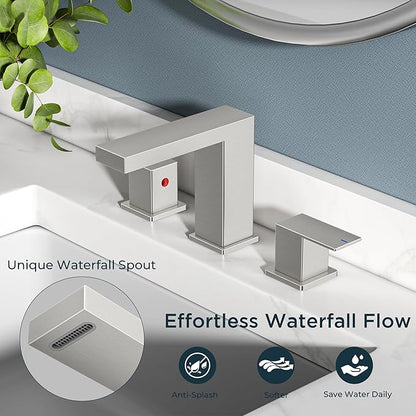 FORIOUS 8 in Brushed Nickel Bathroom Faucet 3 Holes, Two Handle Triphil Brushed Nickel Bathroom Sink Faucet Waterfall with Metal Pop-Up Drain and cUPC Hose for Restroom, Lavatory, Vanity