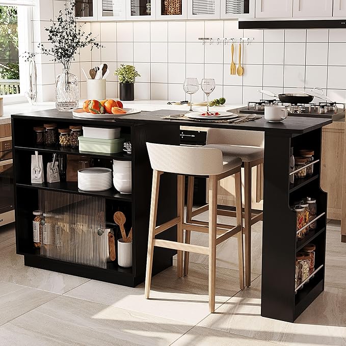 Modern Expandable Dining Table with Open Storage Shelf, Kitchen Island with Sliding Doors, Buffet Cabinet with Aluminum Alloy Handles (Black)