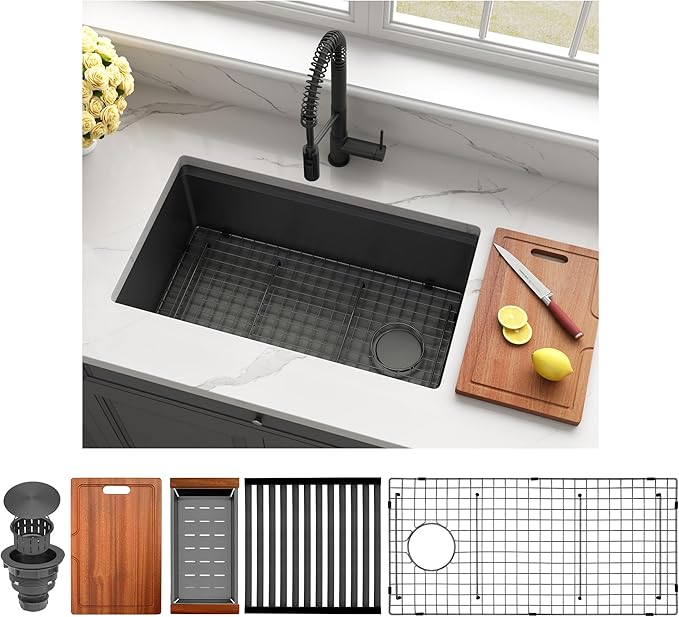 Kitsitchen Black Undermount Kitchen Sink, 16 Gauge T-304SS Stainless Steel Workstation Sinks with Accessories,30" X 18"X 10" Large and Deep Single Bowl Kitchen Sinks with Offset Drain Design
