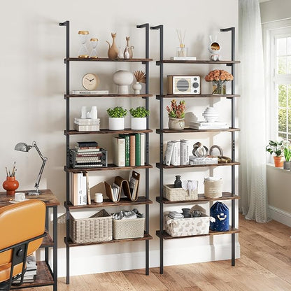 Giantex 6-Tier Ladder Shelf, 72" Wall Mounted Bookshelf with Metal Frame, Industrial Open Storage Shelves, Wooden Bookcase Display Rack for Living Room, Home Office, Bedroom,Rustic Brown
