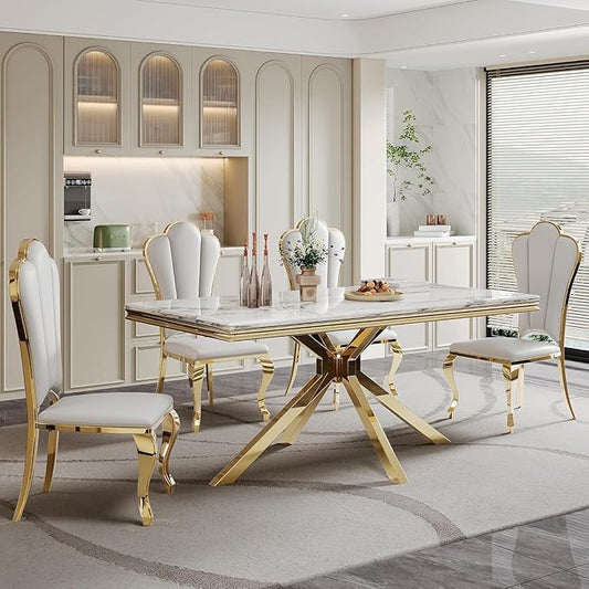 White Dining Room Table for 4 6, 68" Faux Marble Dining Table with X-Shape Stainless Steel Legs, Modern Gold Kitchen & Dining Room Tables Rectangle Dinning Dinner Table for 4 6
