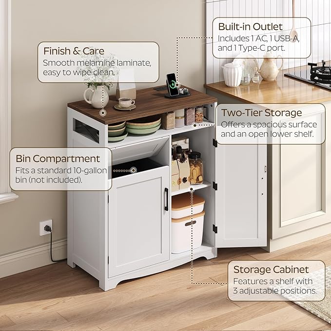 YATINEY Trash Can Cabinet with Power Outlet, 10-Gallon Hidden Kitchen Garbage Bin Cabinet with Adjustable Shelf, Wooden Recycling Cabinet for Kitchen, Dining Living Room, White and Walnut WB04UWH