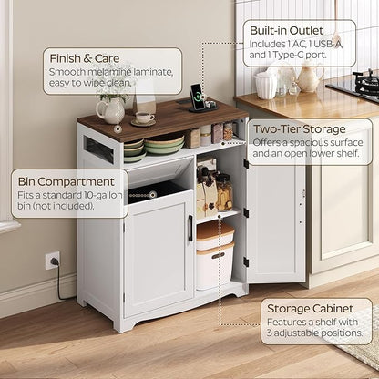 YATINEY Trash Can Cabinet with Power Outlet, 10-Gallon Hidden Kitchen Garbage Bin Cabinet with Adjustable Shelf, Wooden Recycling Cabinet for Kitchen, Dining Living Room, White and Walnut WB04UWH