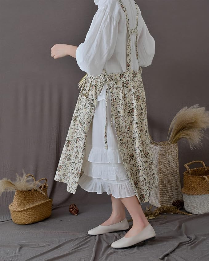 Japanese Cotton Linen Cross Back Apron with Pockets,Fashion Pinafore Dress for Gardening Painting Cleaning Cooking