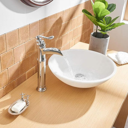 BWE Vessel Sink Faucet Chrome Polished Waterfall Spout Tall Body Single Hole with Brass Pop Up Drain Assembly Without Overflow Bathroom Lavatory Vanity Faucets Commercial