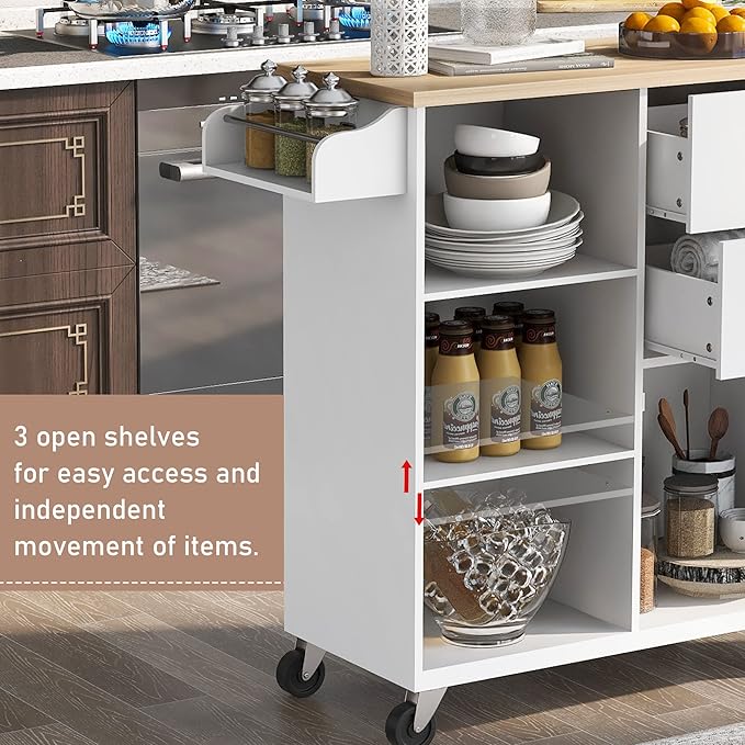 Fashion Store Kitchen Island Cart with Rubber Wood Top and 2 Drawers,4 Wheels and 3 Open Shelves,for Kitchen,Dining Room,Bathroom,Living Room (White@E)